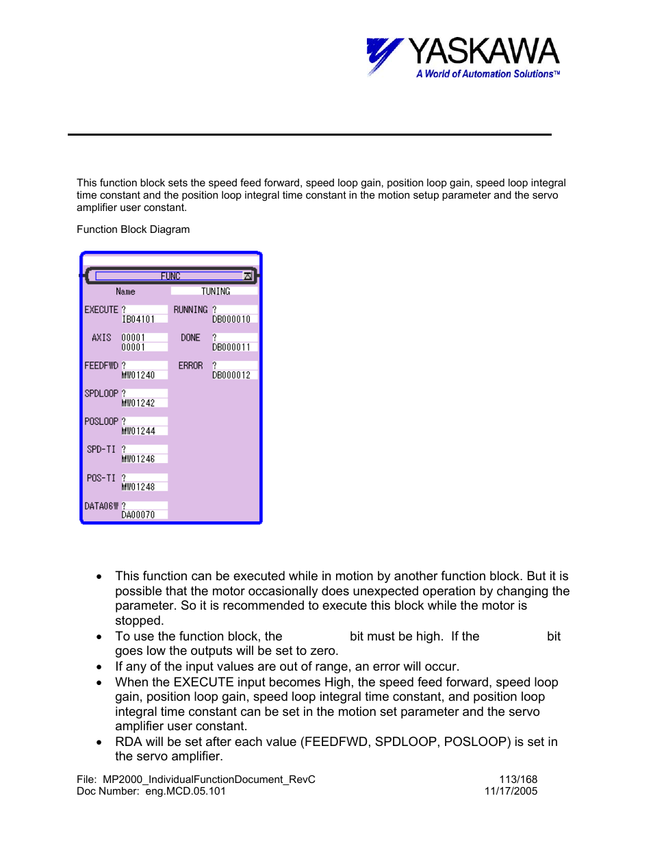 Tuning function, Tuning> function block summary, Tuning> function block operation notes | Tuning | Yaskawa MP2000 User Manual | Page 113 / 168