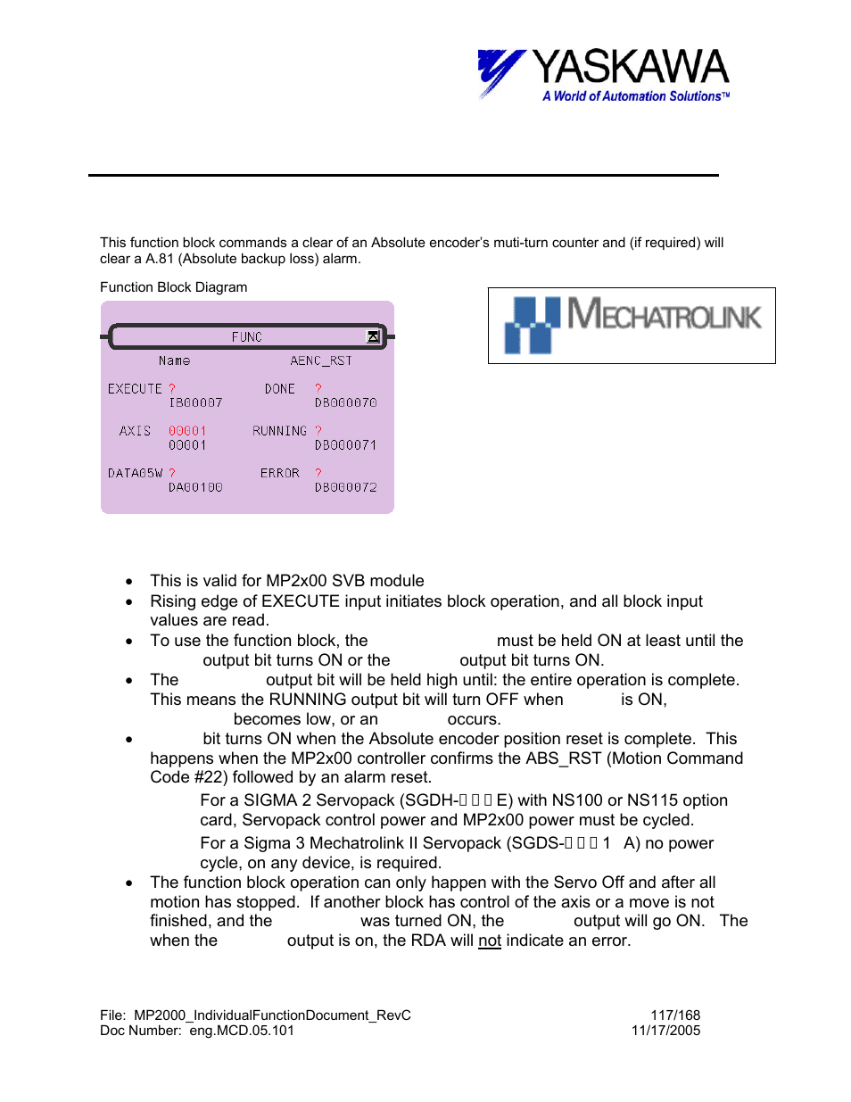 Absolute encoder reset function block, Aenc_rst> function block summary, Aenc_rst> function block operation notes | Aenc_rst | Yaskawa MP2000 User Manual | Page 117 / 168