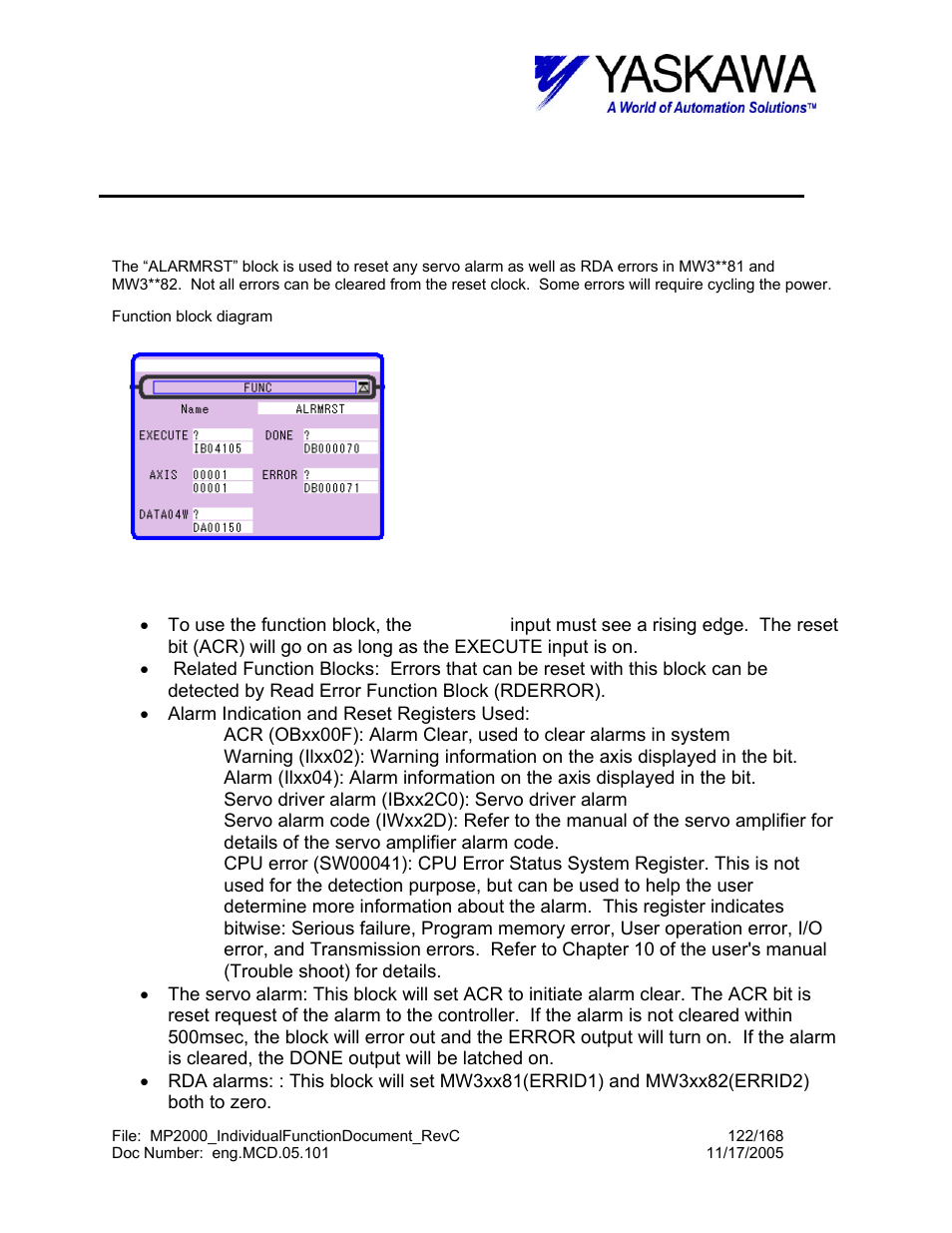 Alarm reset function block, Alrmrst> function block summary, Alrmrst> function block operation notes | Alrmrst | Yaskawa MP2000 User Manual | Page 122 / 168