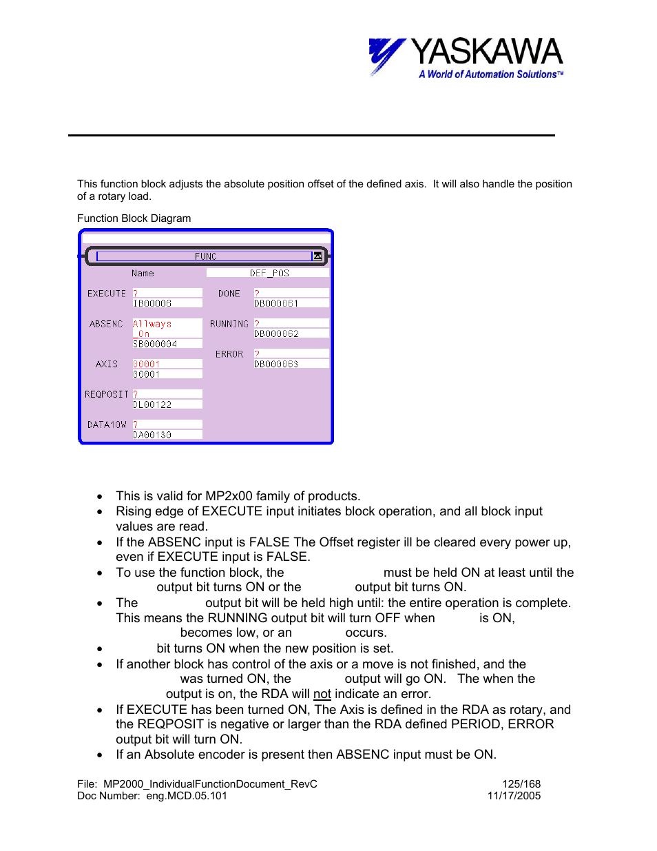 Define position function block, Def_pos> function block summary, Def_pos> function block operation notes | Def_pos | Yaskawa MP2000 User Manual | Page 125 / 168