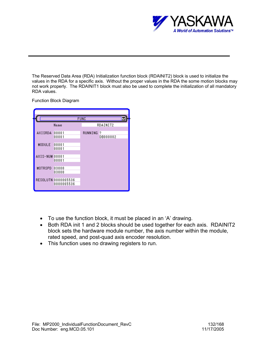 Rda initialization #2 function, Rdainit2> function block summary, Rdainit2> function block operation notes | Rdainit2 | Yaskawa MP2000 User Manual | Page 132 / 168