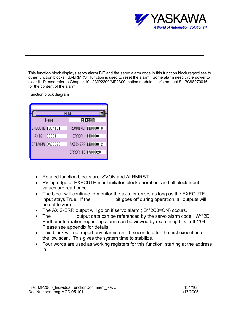 Read servo error function, Rderror> function block summary, Rderror> function block operation notes | Rderror | Yaskawa MP2000 User Manual | Page 134 / 168