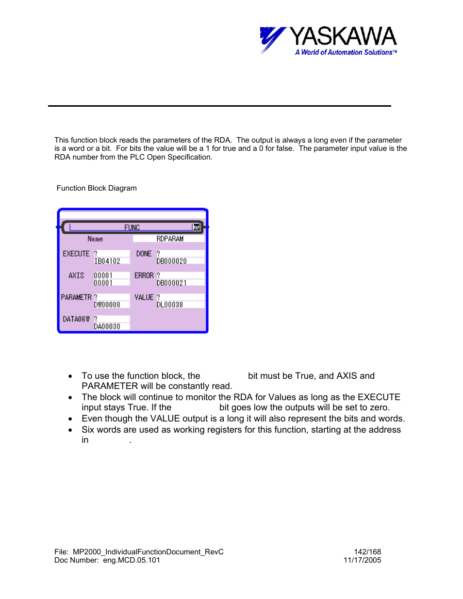 Read rda parameter function, Rdparam> function block summary, Rdparam> function block operation notes | Rdparam | Yaskawa MP2000 User Manual | Page 142 / 168
