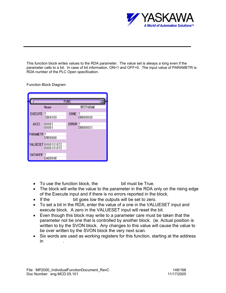 Write rda parameter function, Wrtparam> function block summary, Wrtparam> function block operation notes | Wrtparam | Yaskawa MP2000 User Manual | Page 148 / 168