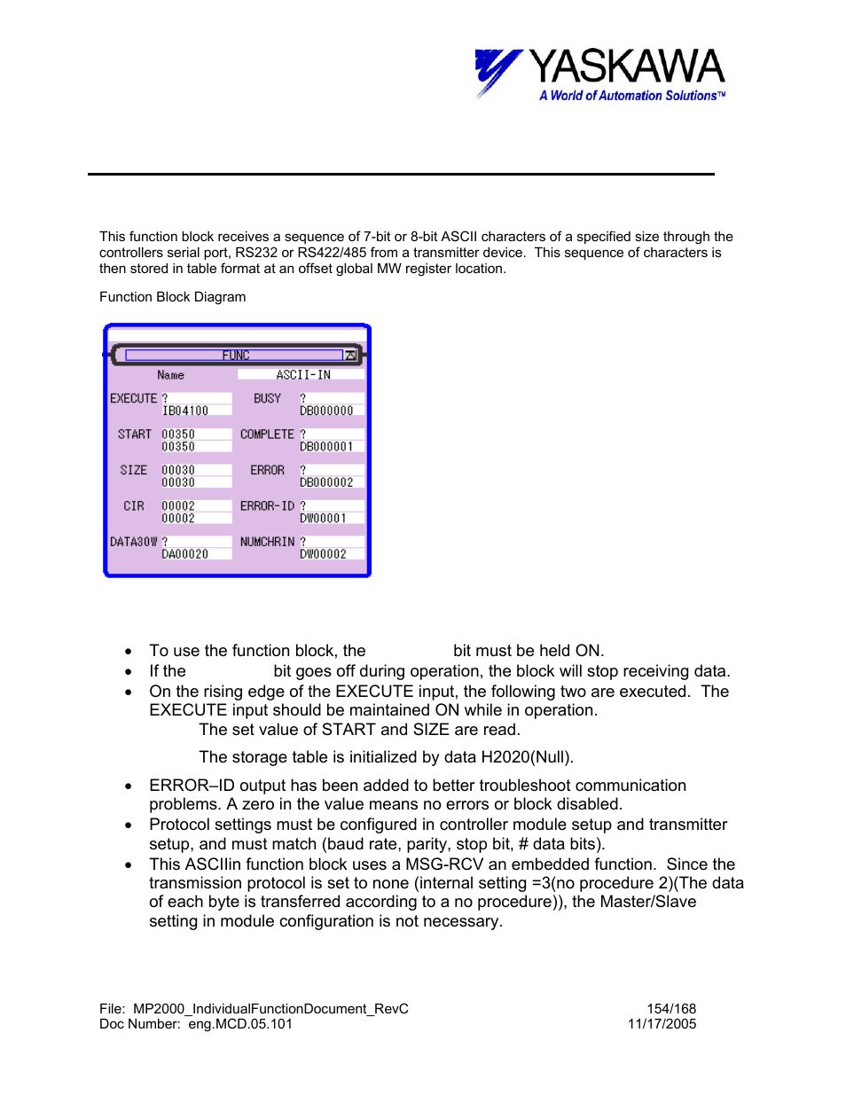 Ascii character input function block, Asciiin> function block summary, Asciiin> function block operation notes | Asciiin | Yaskawa MP2000 User Manual | Page 154 / 168
