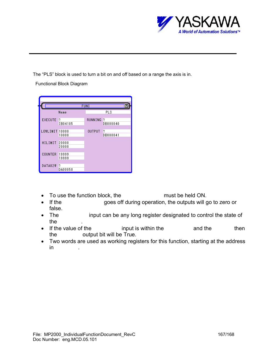 Pls – programmable limit switch function, Pls> function block summary, Pls> function block operation notes | Yaskawa MP2000 User Manual | Page 167 / 168