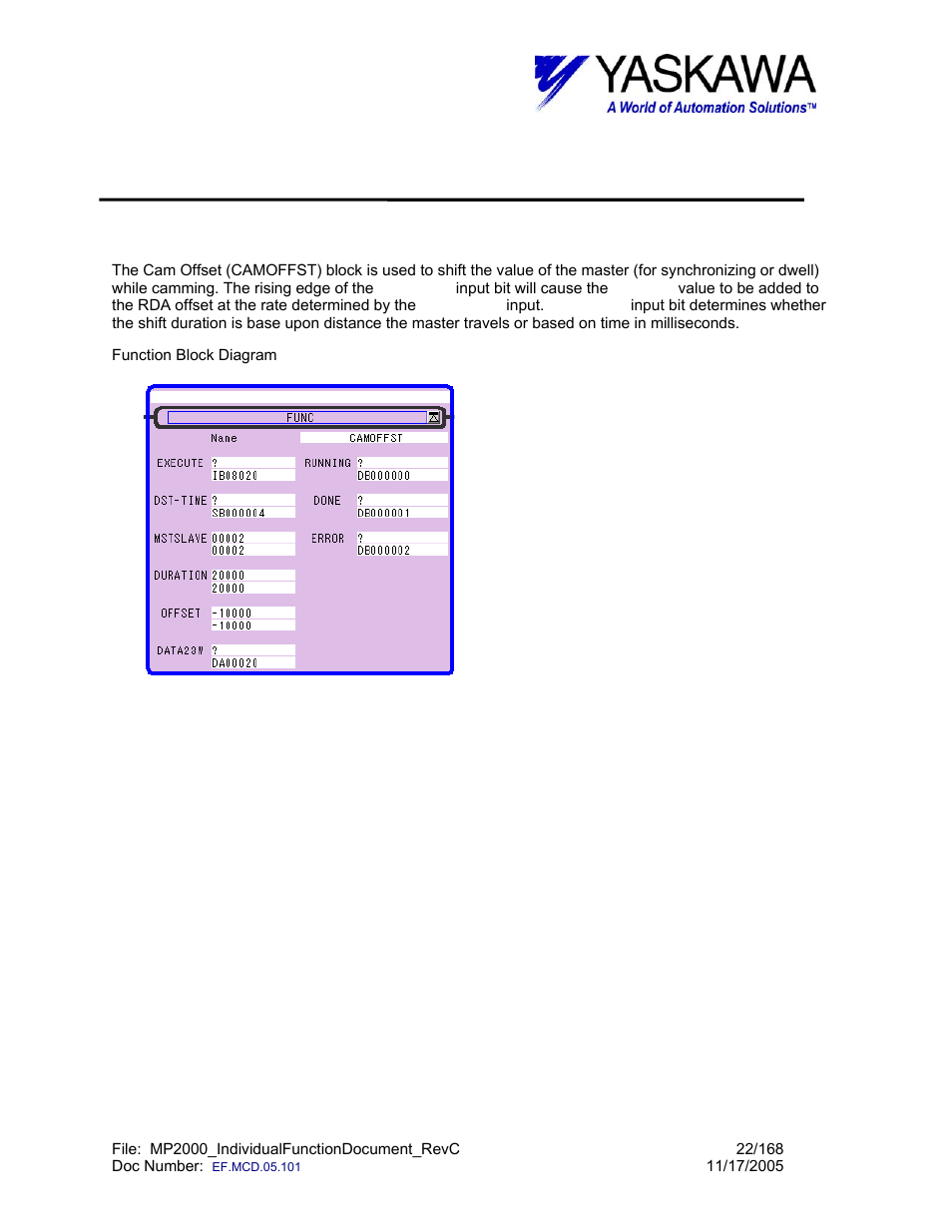 Cam offset function block, Camoffst> function block summary, Camoffst | Function block summary | Yaskawa MP2000 User Manual | Page 22 / 168