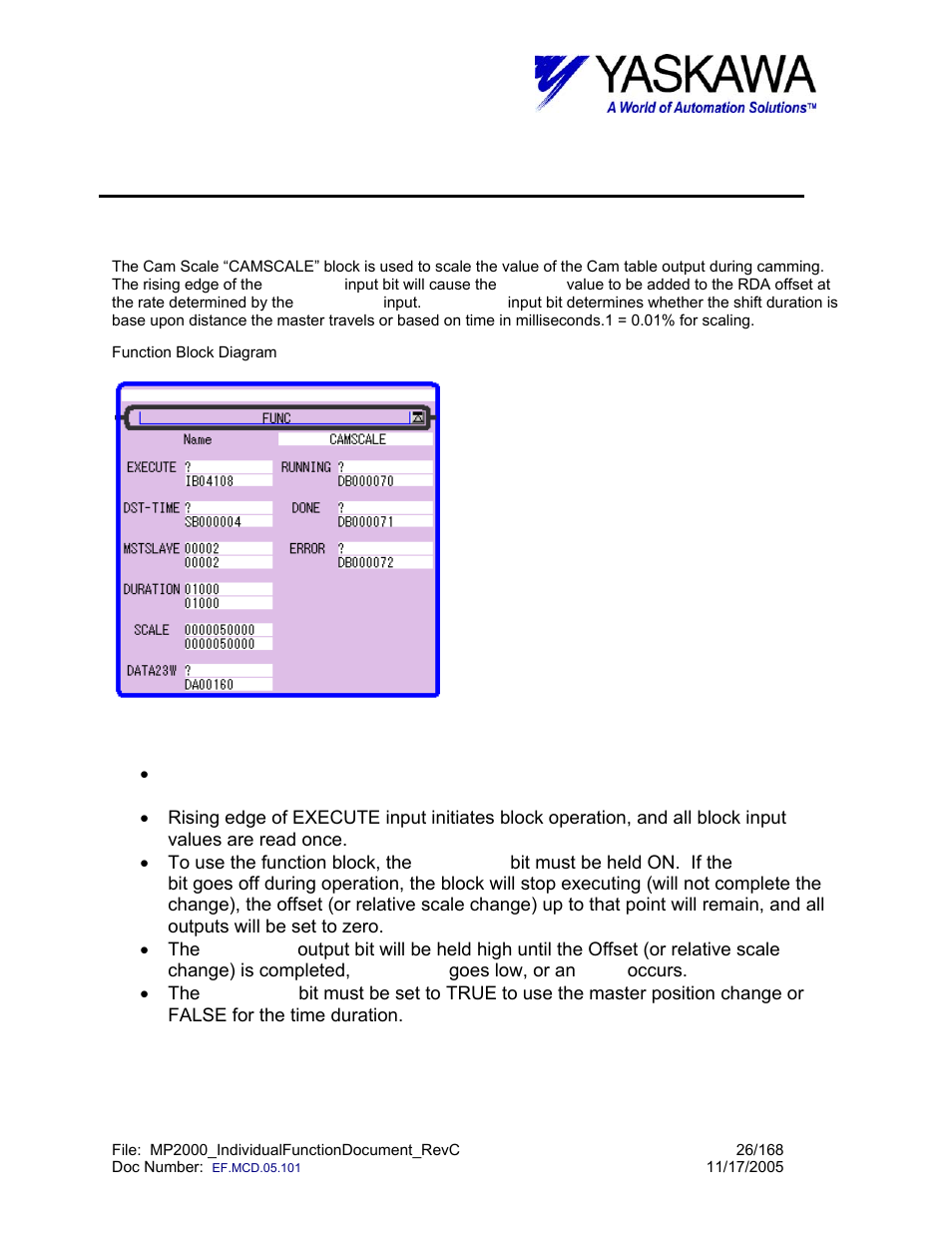 Cam scale function, Camscale> function block summary, Camscale> function block operation notes | Camscale | Yaskawa MP2000 User Manual | Page 26 / 168