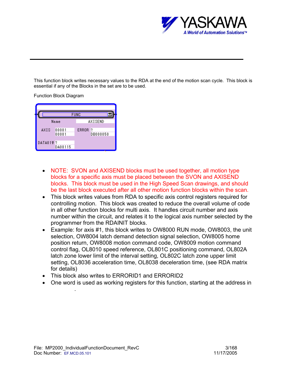 Axisend> function block summary, Axisend> function block operation note, Axisend | Axis end function | Yaskawa MP2000 User Manual | Page 3 / 168