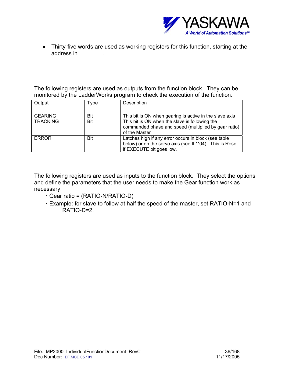 Gear> input and output register map | Yaskawa MP2000 User Manual | Page 36 / 168