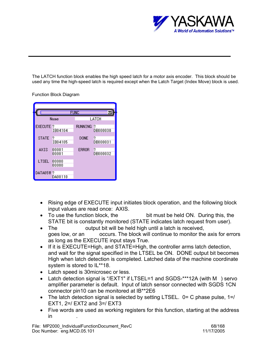 Latch function, Latch> function block summary, Latch> function block operation notes | Latch | Yaskawa MP2000 User Manual | Page 68 / 168