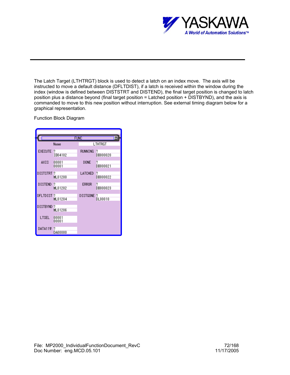 Latch to target function, Lthtrgt> function block summary, Lthtrgt | Yaskawa MP2000 User Manual | Page 72 / 168