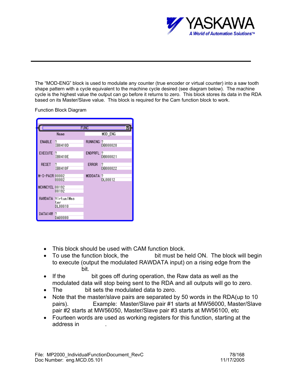 Modulus engine function, Mod_eng> function block summary, Mod_eng> function block operation notes | Mod_eng | Yaskawa MP2000 User Manual | Page 78 / 168