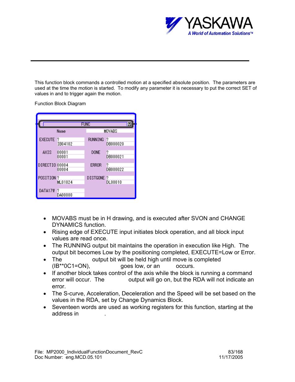 Move absolute function, Moveabs> function block summary, Moveabs> function block operation notes | Movabs | Yaskawa MP2000 User Manual | Page 83 / 168
