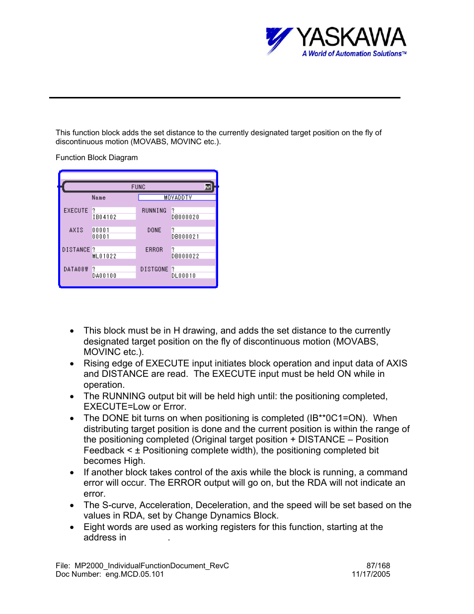 Move additive function, Movaddtv> function block summary, Movaddtv> function block operation notes | Movaddtv | Yaskawa MP2000 User Manual | Page 87 / 168