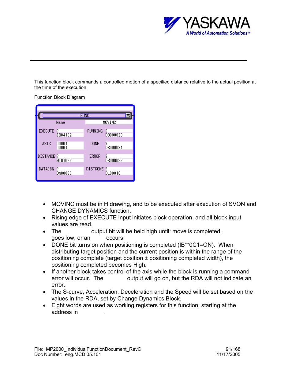 Move incremental function, Movinc> function block summary, Movinc> function block operation notes | Movinc | Yaskawa MP2000 User Manual | Page 91 / 168