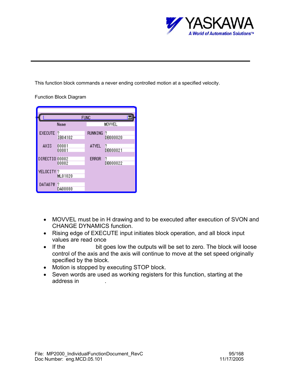 Move velocity “jog” function, Movvel> function block summary, Movvel> function block operation notes | Movvel | Yaskawa MP2000 User Manual | Page 95 / 168