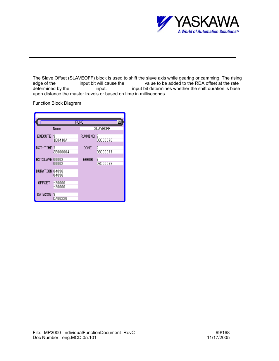 Slave offset function, Slaveoff> function block summary, Slaveoff | Yaskawa MP2000 User Manual | Page 99 / 168