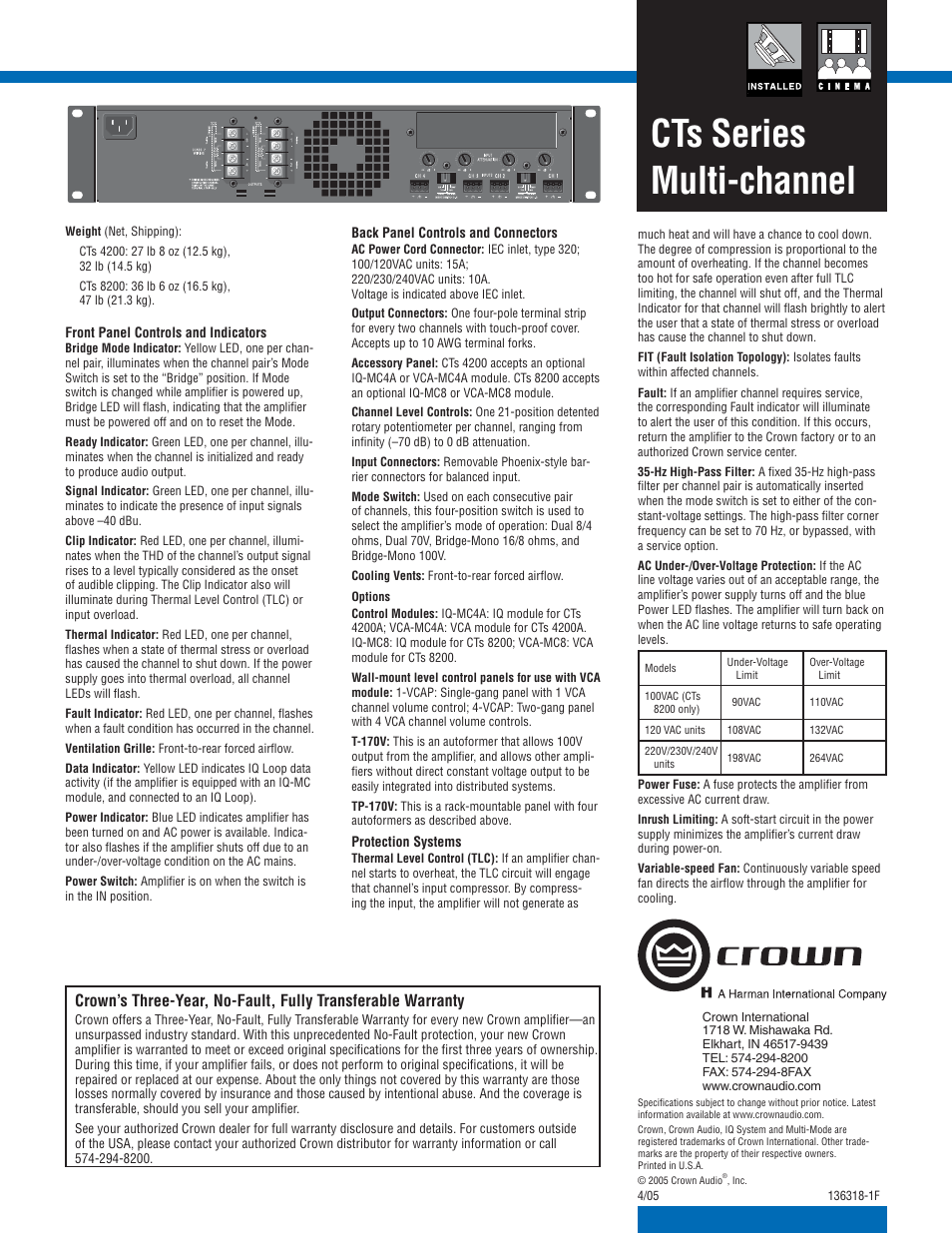 Cts series multi-channel | Crown Audio CTs Series User Manual | Page 2 / 2