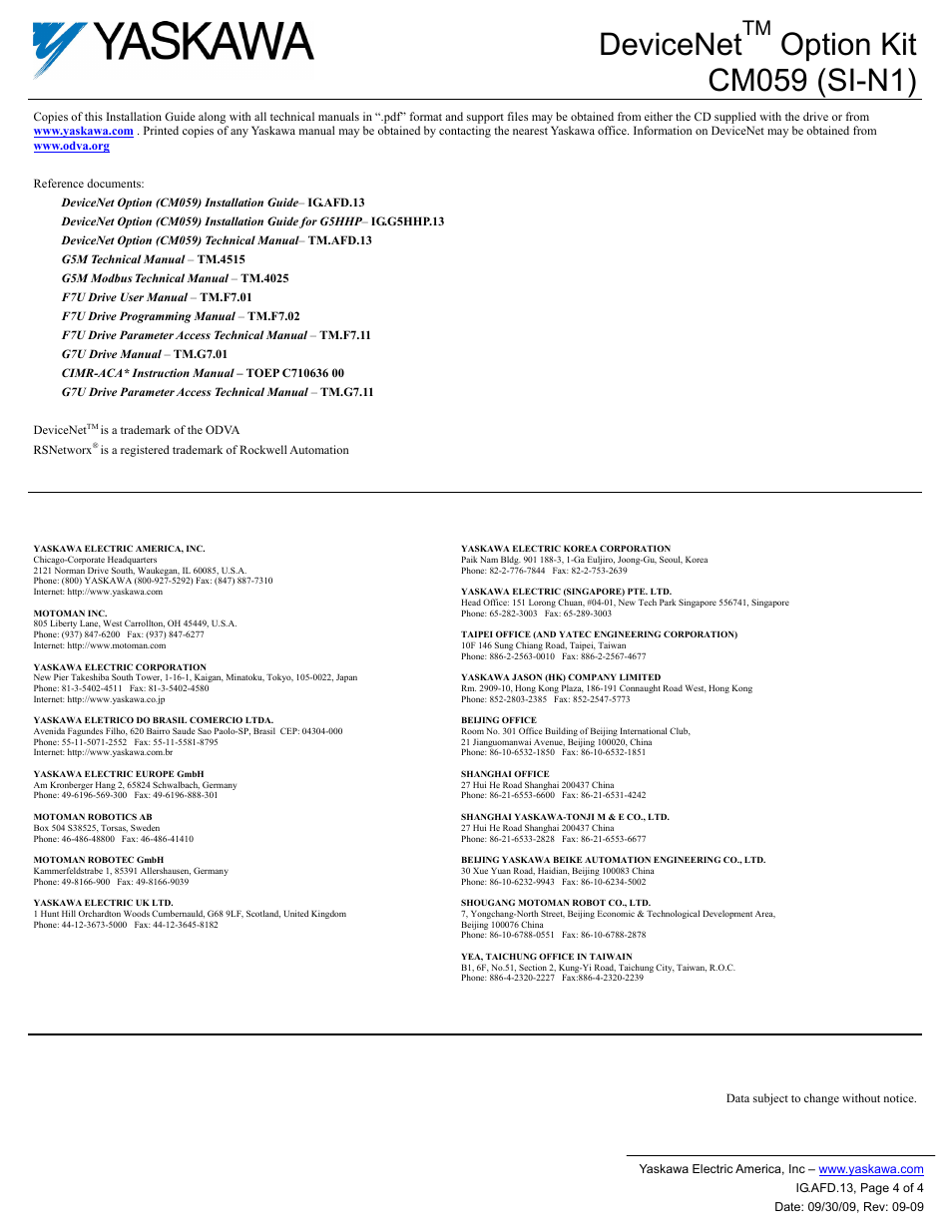 Devicenet, Option kit cm059 (si-n1) | Yaskawa CM059 User Manual | Page 4 / 4