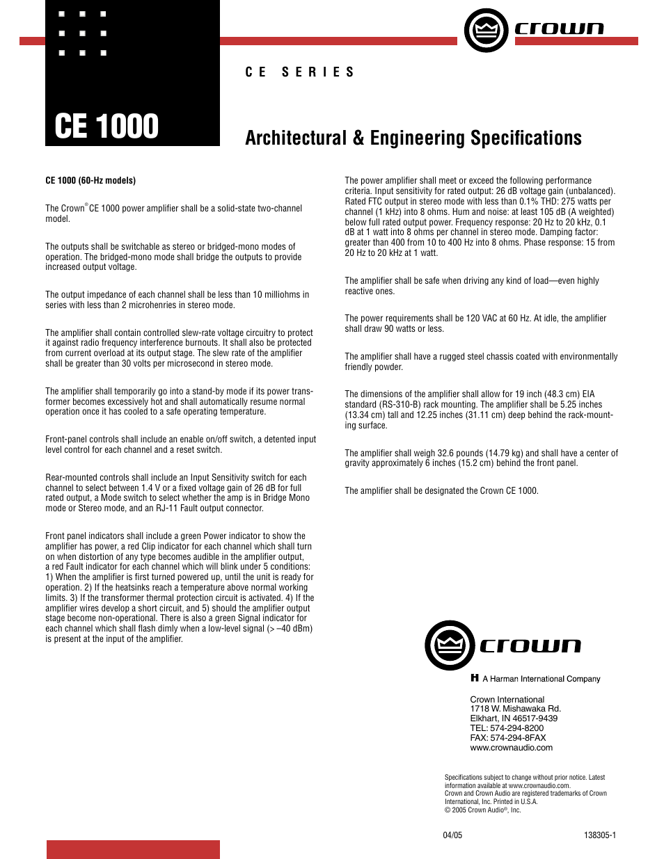 Crown Audio CE 1000 A. & E. User Manual | 1 page