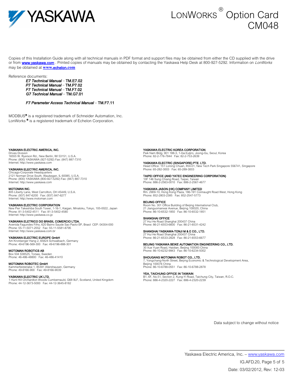 Option card cm048, Orks | Yaskawa CM048 User Manual | Page 5 / 5