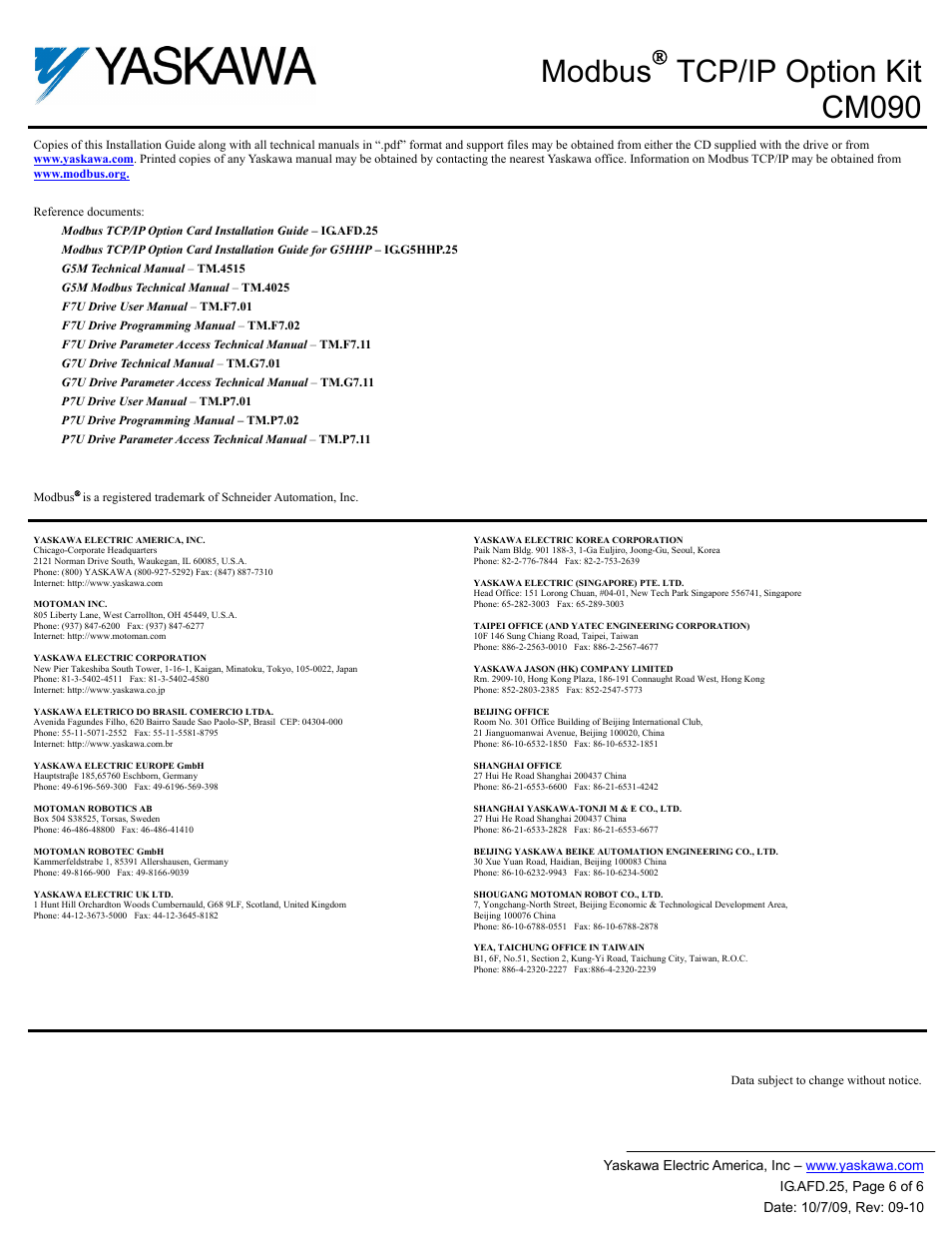 Modbus, Tcp/ip option kit cm090 | Yaskawa CM090 User Manual | Page 6 / 6