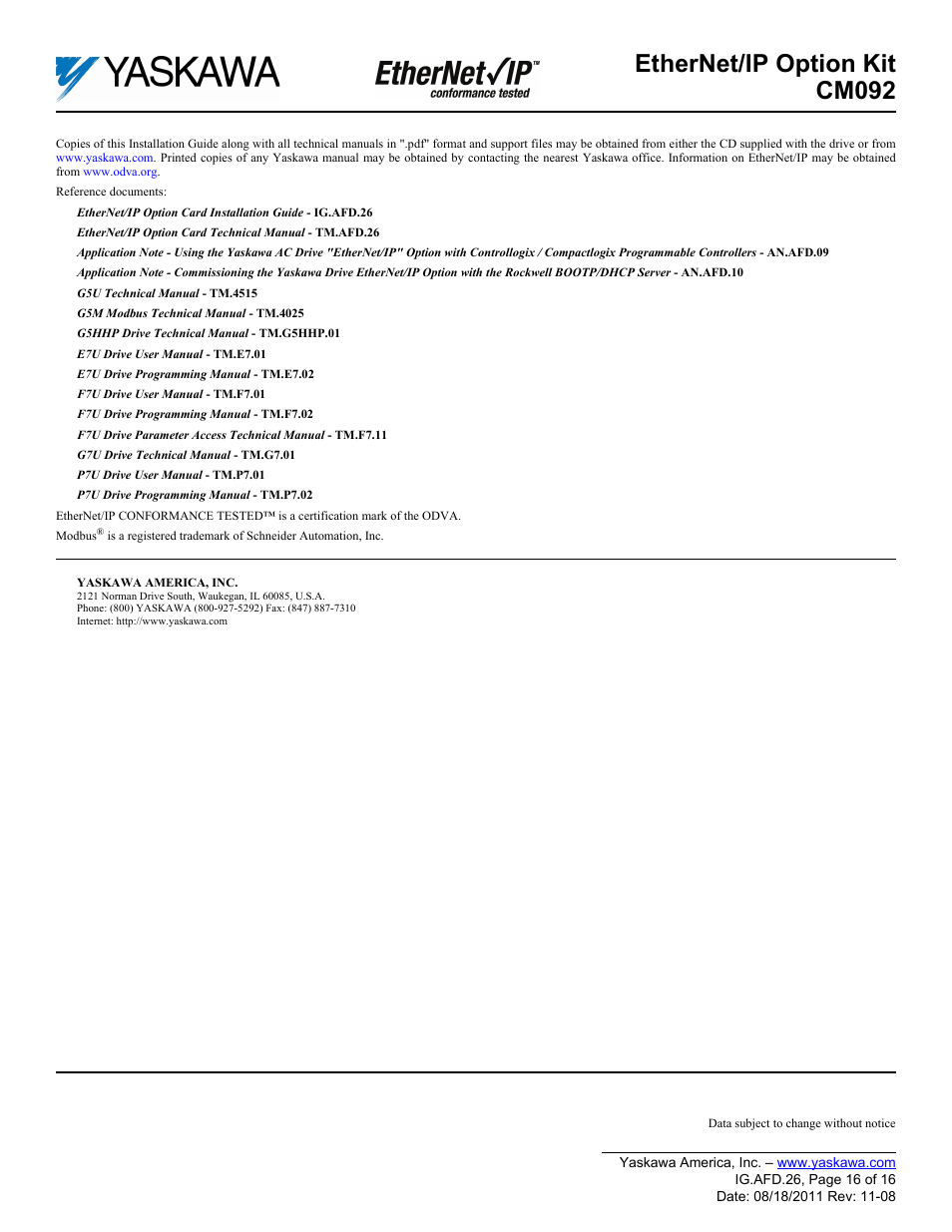 Ethernet/ip option kit cm092 | Yaskawa CM092 User Manual | Page 16 / 16