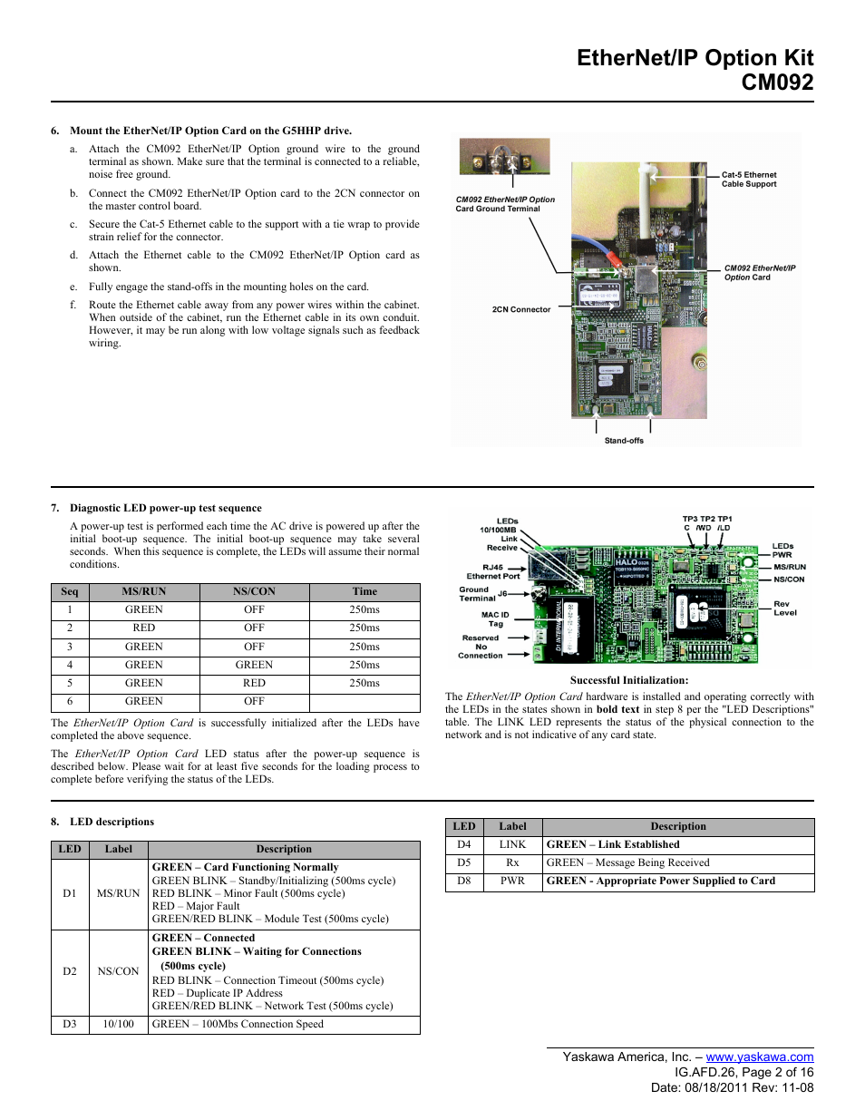 Ethernet/ip option kit cm092 | Yaskawa CM092 User Manual | Page 2 / 16