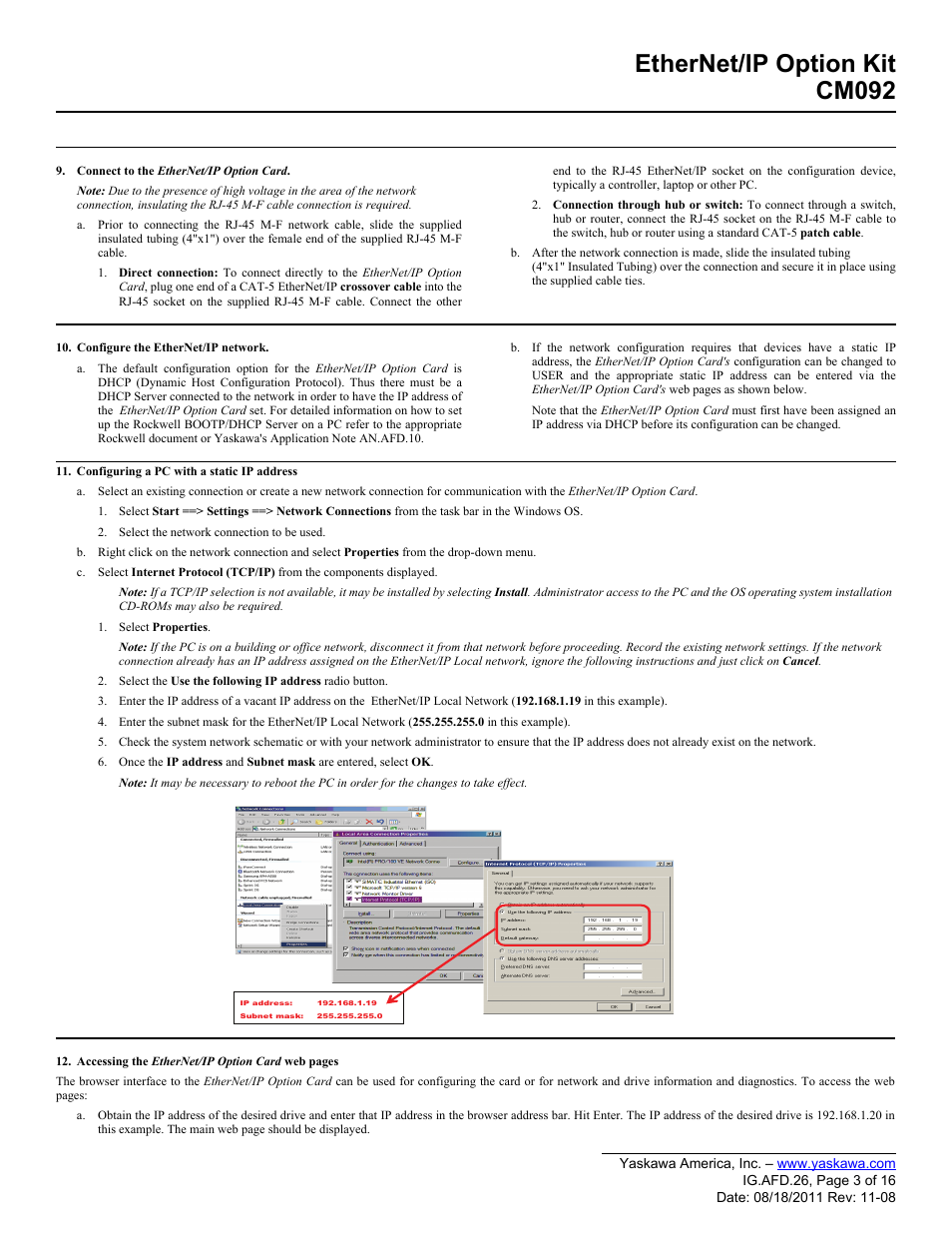 Ethernet/ip option kit cm092 | Yaskawa CM092 User Manual | Page 3 / 16