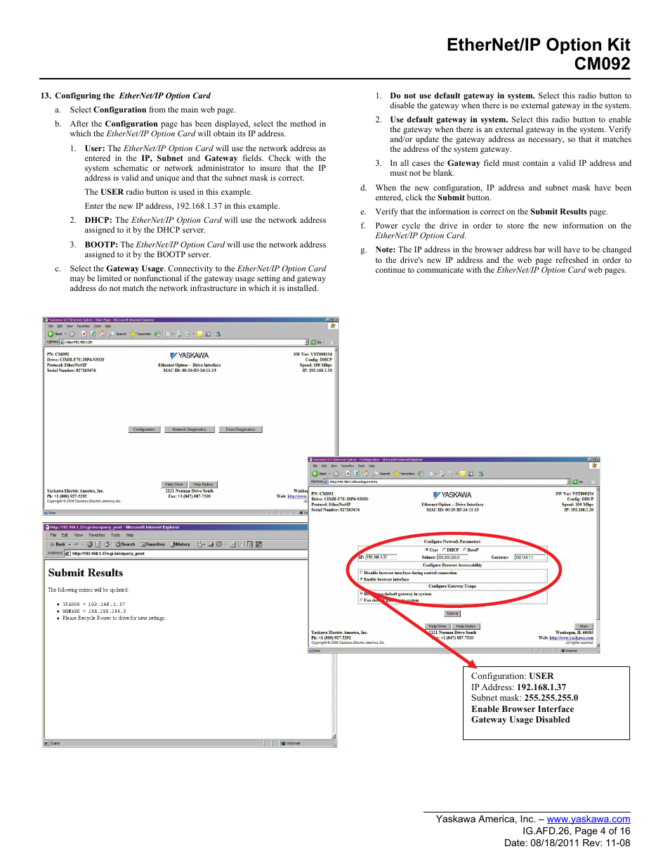 Ethernet/ip option kit cm092 | Yaskawa CM092 User Manual | Page 4 / 16