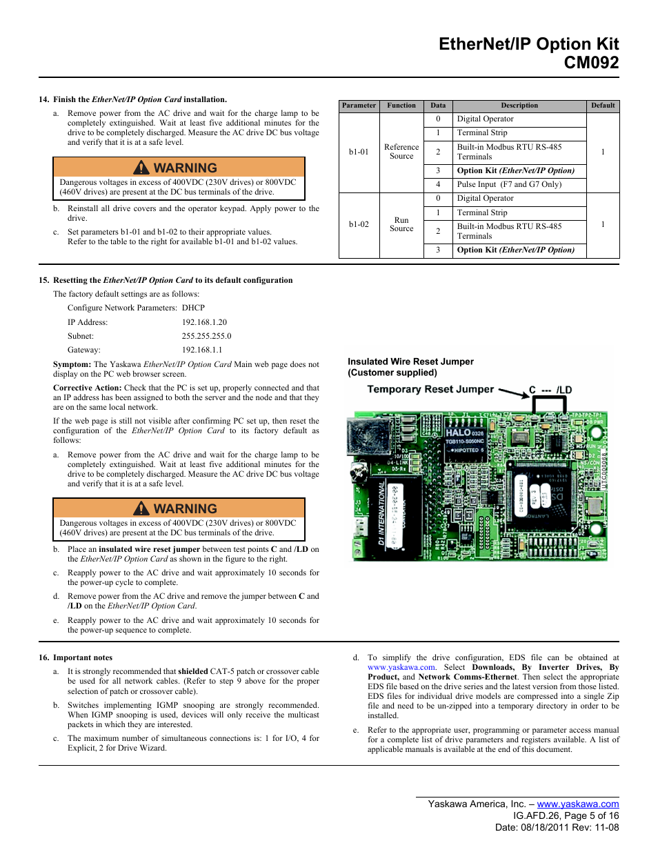 Ethernet/ip option kit cm092, Warning | Yaskawa CM092 User Manual | Page 5 / 16