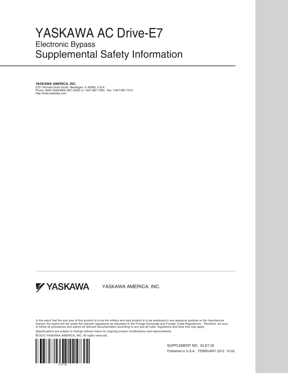 Yaskawa ac drive-e7, Supplemental safety information, Electronic bypass | Yaskawa AC Drive-E7 User Manual | Page 10 / 10