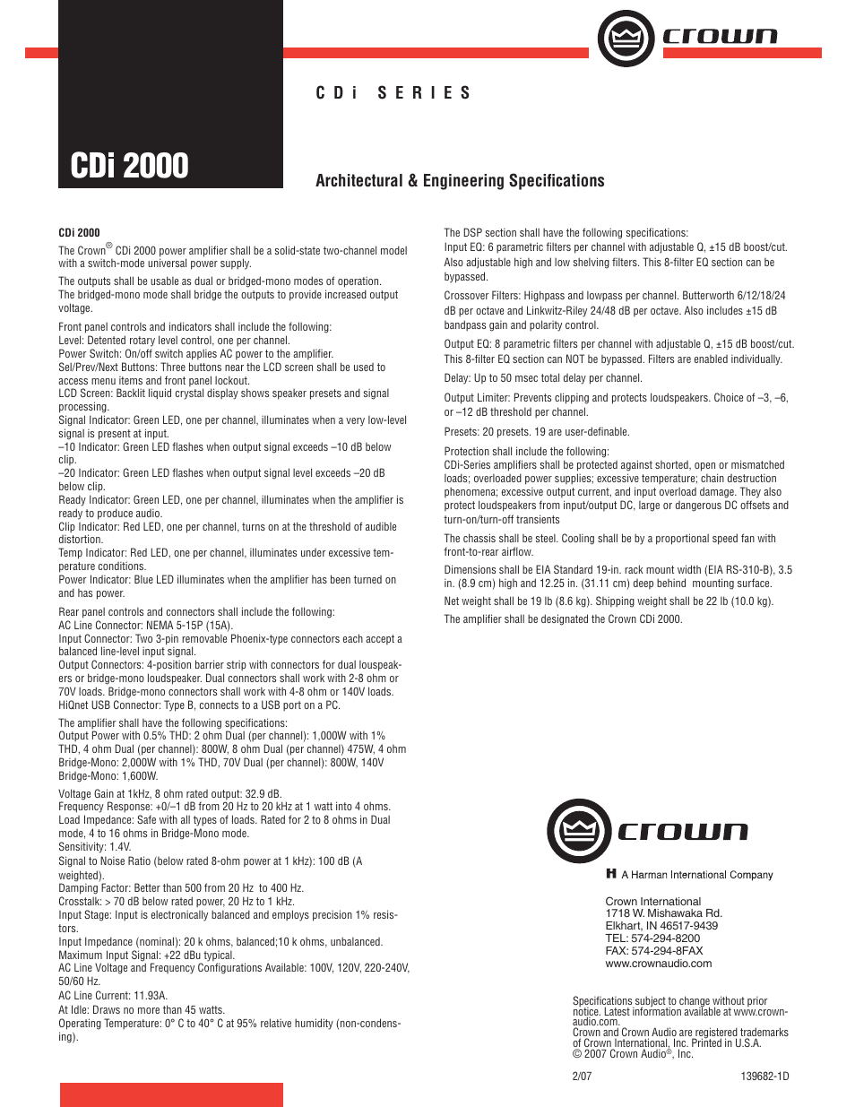 Crown Audio CDi Series CDi 2000 User Manual | 1 page