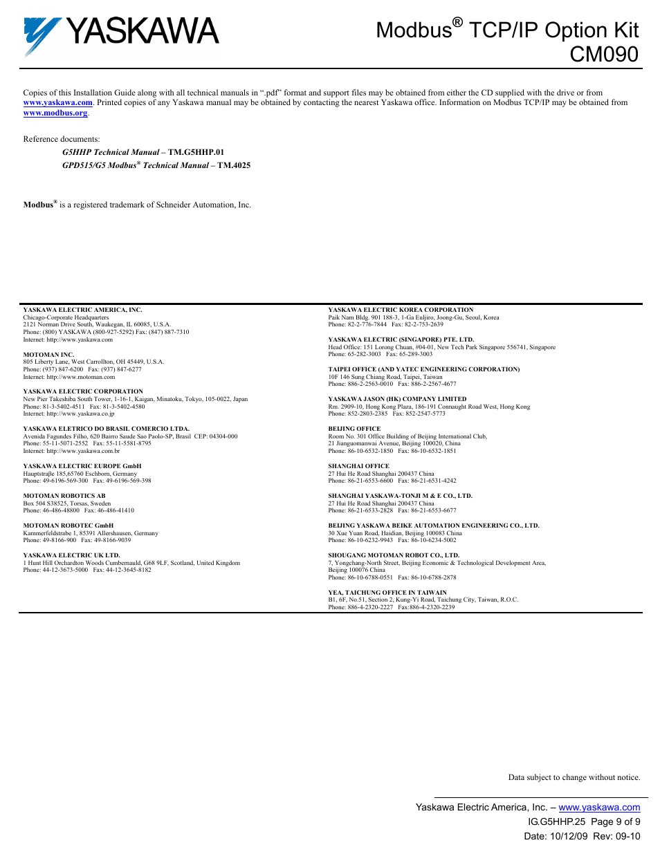 Modbus, Tcp/ip option kit cm090 | Yaskawa CM090 User Manual | Page 9 / 9