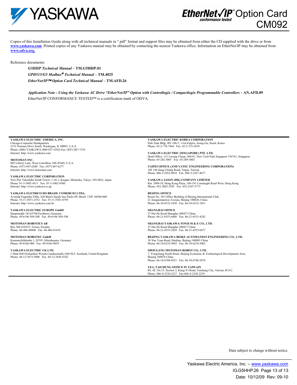 Option card cm092 | Yaskawa CM092 User Manual | Page 13 / 13