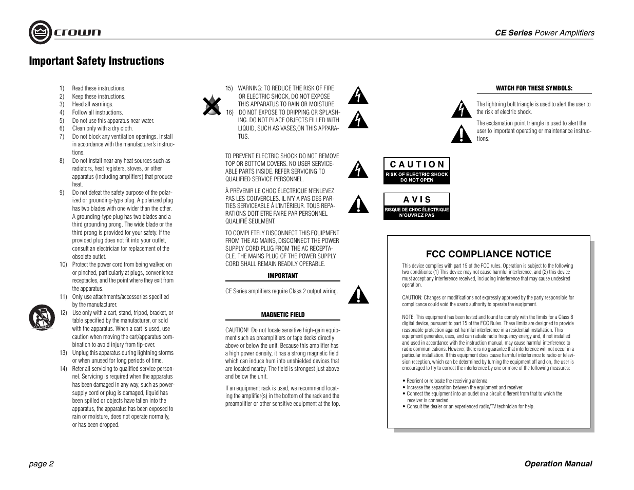 Important safety instructions, Fcc compliance notice | Crown Audio CE Series User Manual | Page 2 / 28