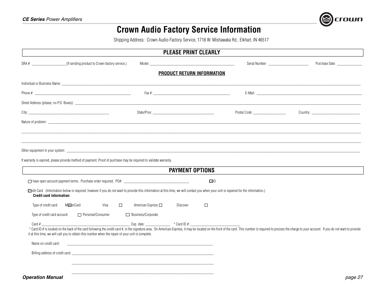 Crown audio factory service information, Please print clearly, Payment options | Crown Audio CE Series User Manual | Page 27 / 28