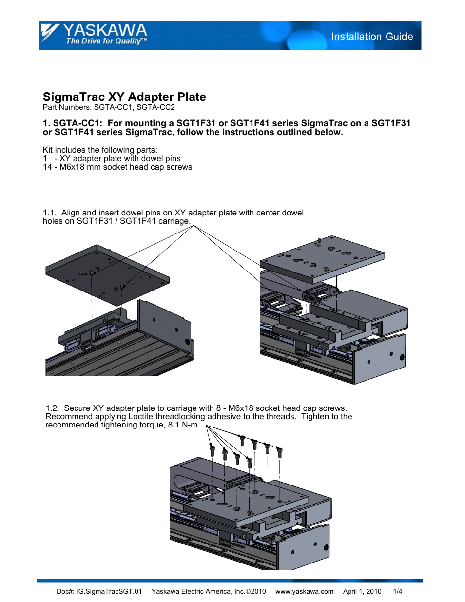 Yaskawa SigmaTrac XY Adapter Plate User Manual | 4 pages