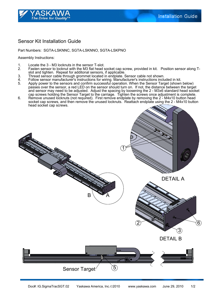Yaskawa SGTA-LSKNNC Sensor Kit User Manual | 2 pages