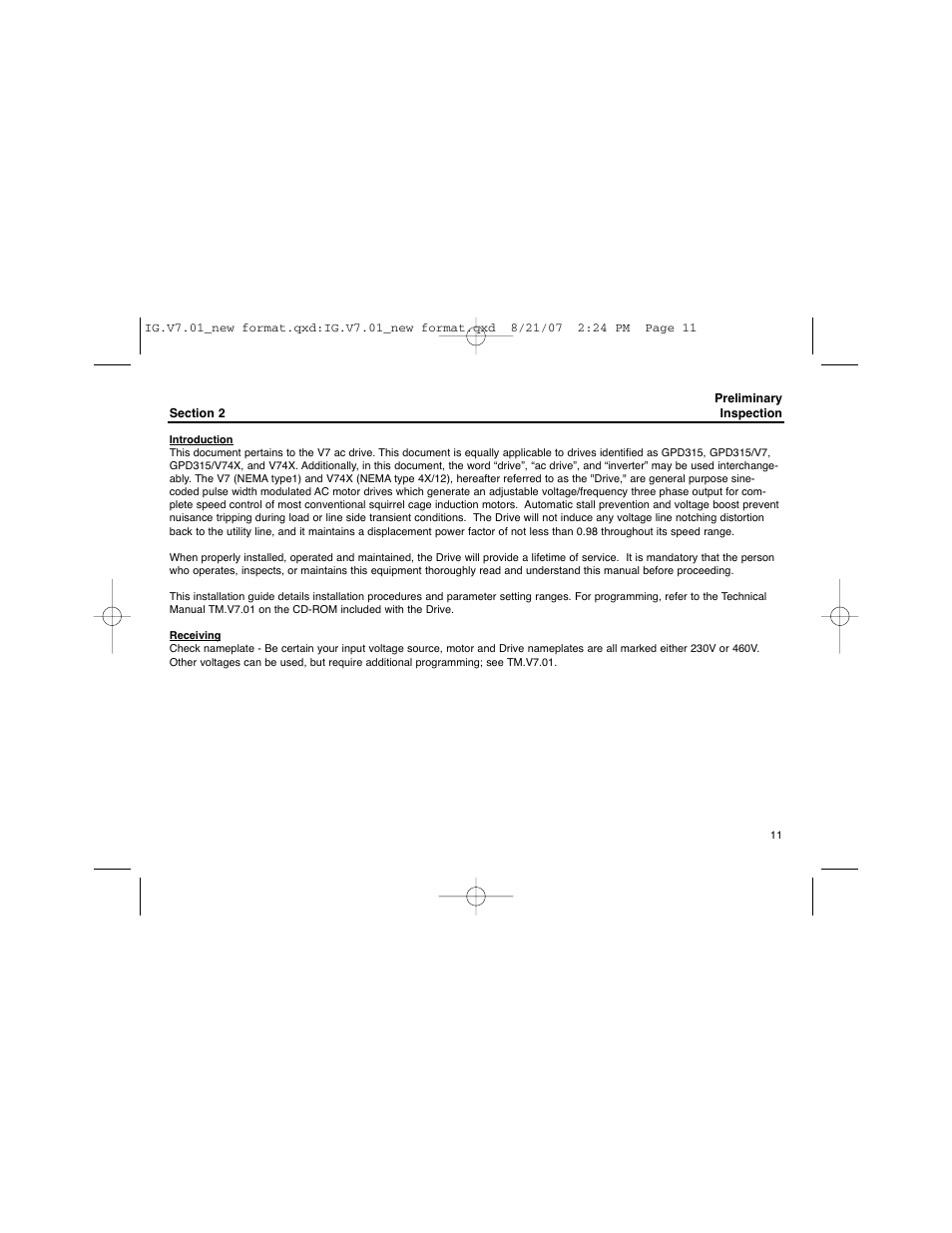 Preliminary inspection | Yaskawa V74X Drives User Manual | Page 11 / 62
