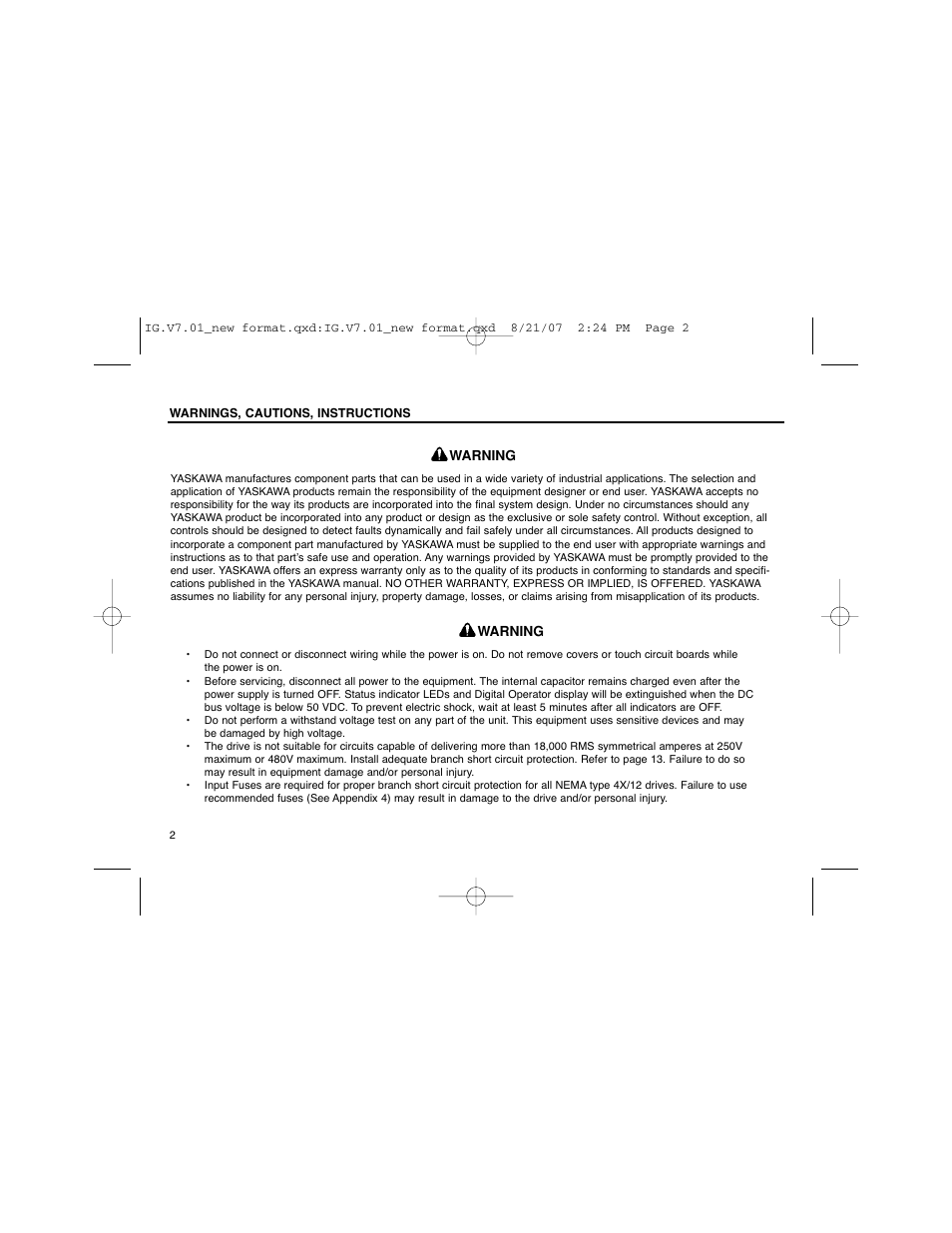 Warnings, cautions, instructions | Yaskawa V74X Drives User Manual | Page 2 / 62