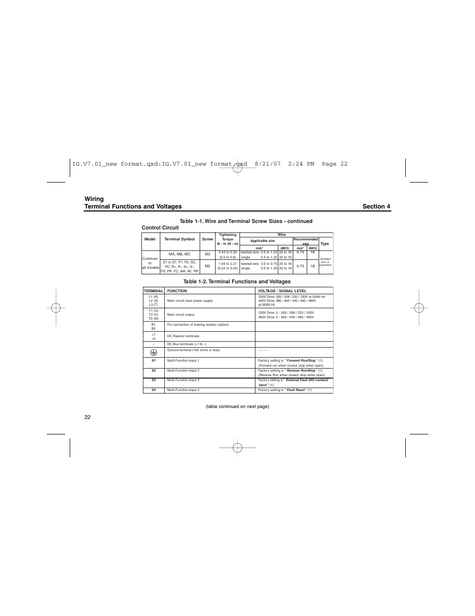 Wiring terminal functions and voltages, Table 1-2. terminal functions and voltages | Yaskawa V74X Drives User Manual | Page 22 / 62