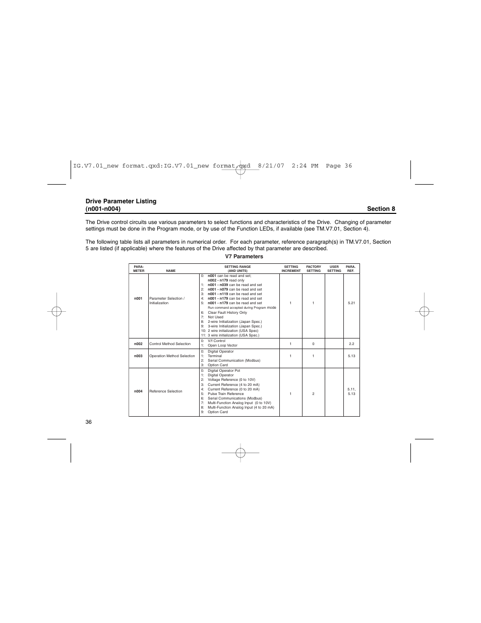 Drive parameter listing, Drive parameter listing (n001-n004) | Yaskawa V74X Drives User Manual | Page 36 / 62