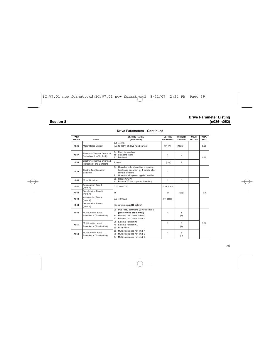 Drive parameter listing (n036-n052), Drive parameters - continued | Yaskawa V74X Drives User Manual | Page 39 / 62