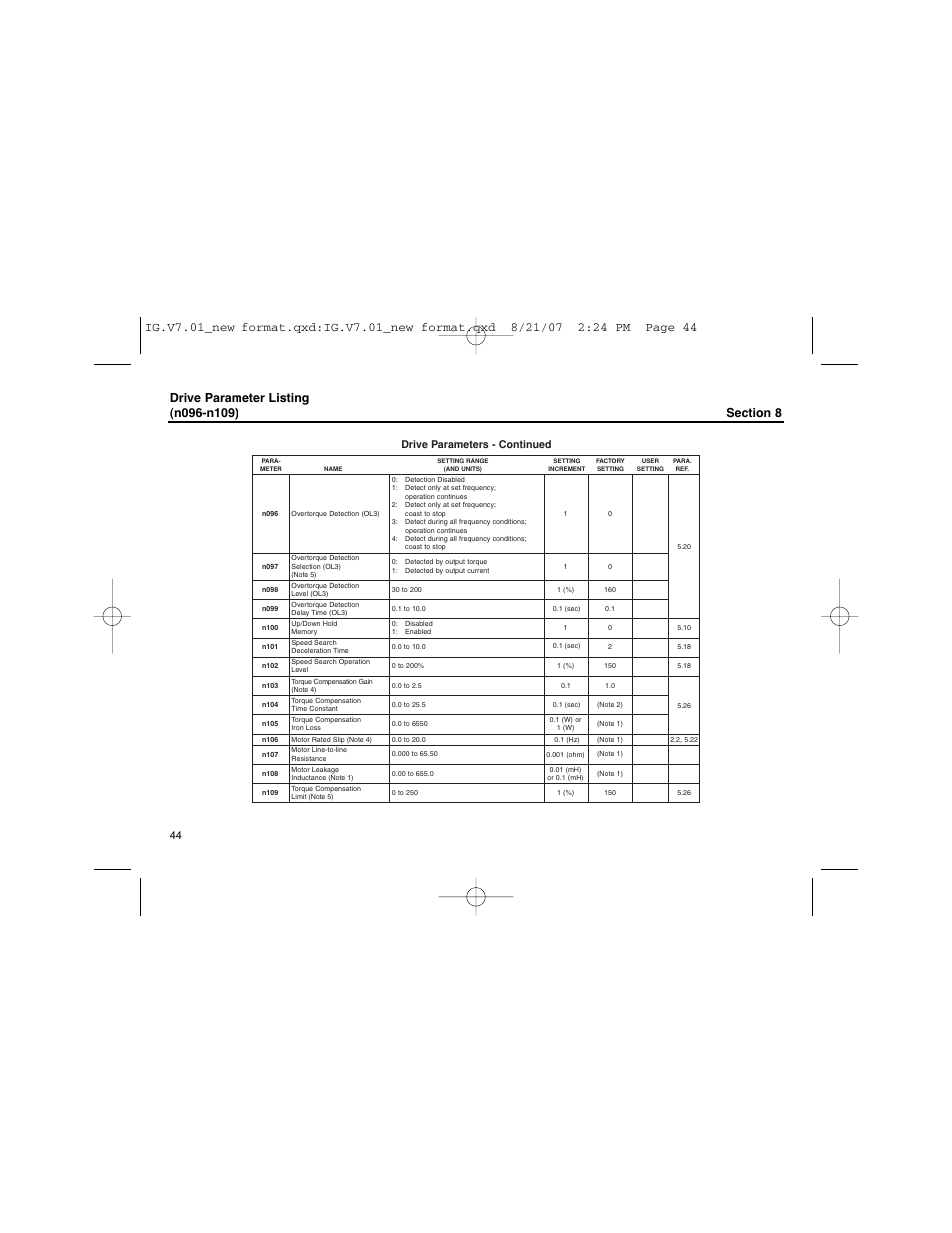 Drive parameter listing (n096-n109) | Yaskawa V74X Drives User Manual | Page 44 / 62
