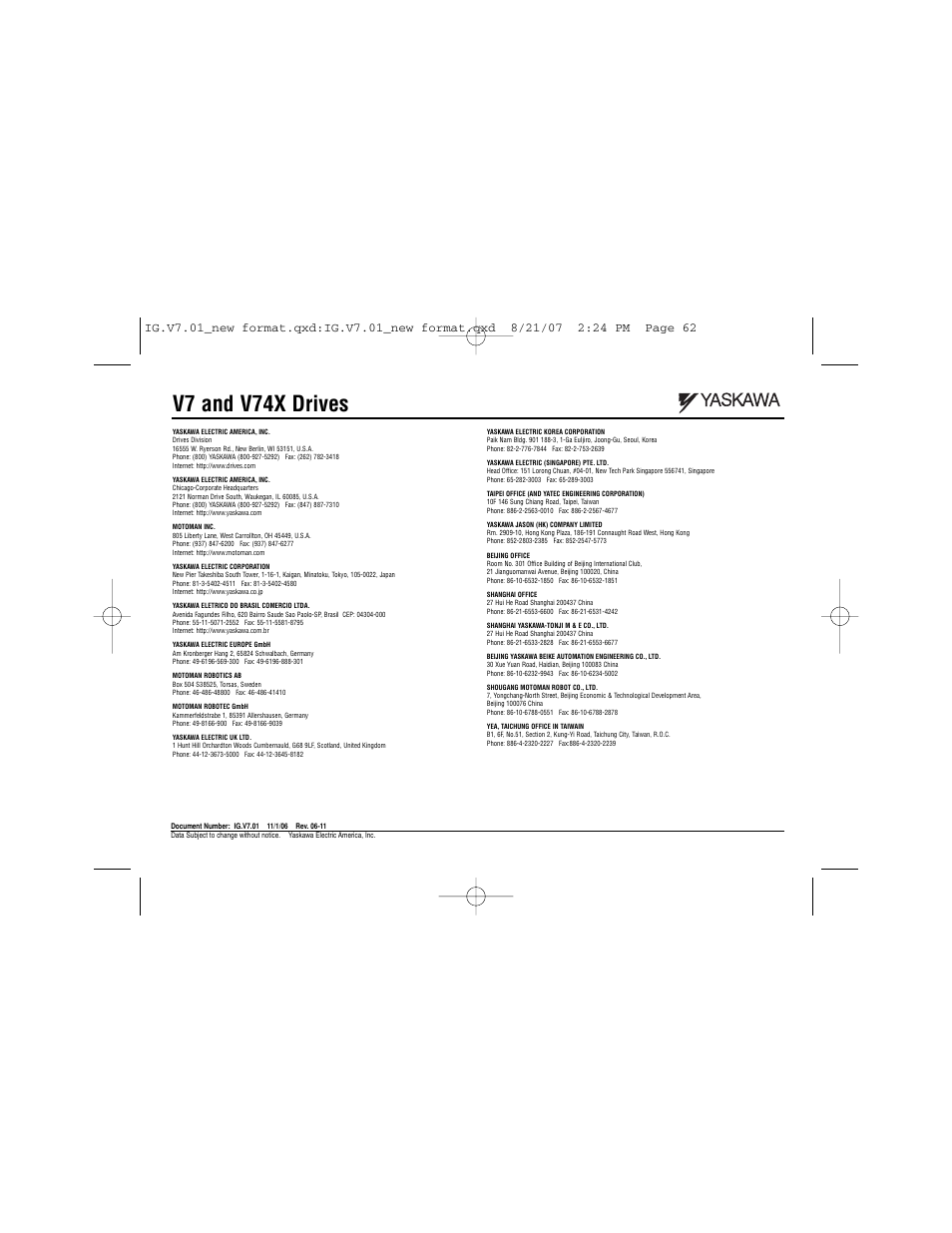 Rear cover, V7 and v74x drives | Yaskawa V74X Drives User Manual | Page 62 / 62