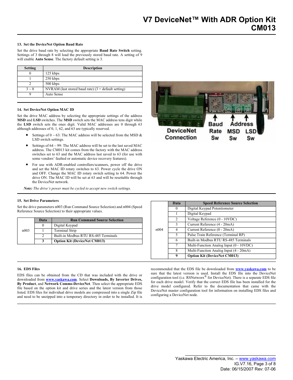 V7 devicenet™ with adr option kit cm013 | Yaskawa CM013 User Manual | Page 3 / 8