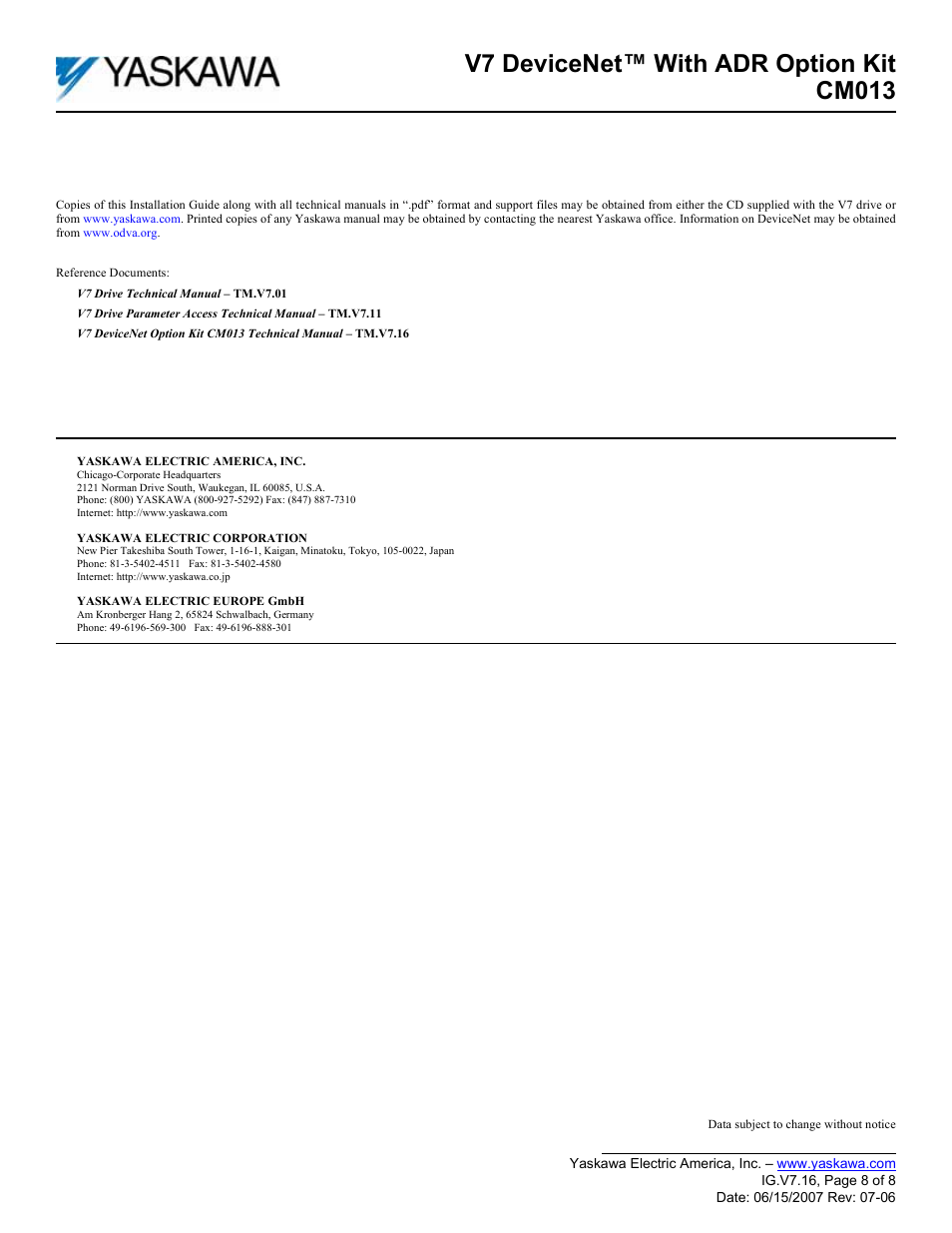 V7 devicenet™ with adr option kit cm013 | Yaskawa CM013 User Manual | Page 8 / 8