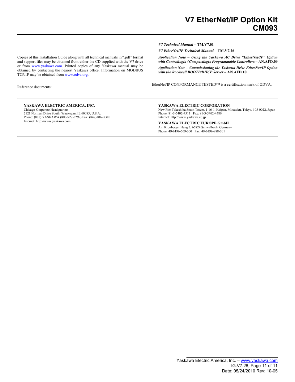 V7 ethernet/ip option kit cm093 | Yaskawa CM093 User Manual | Page 11 / 11